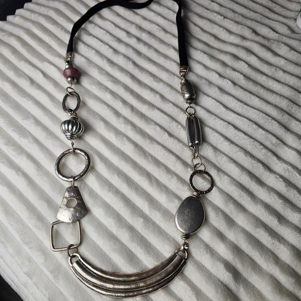 Womens Mixed Metal Suede Cord Statement Necklace Silver Mauve Artisan Boho